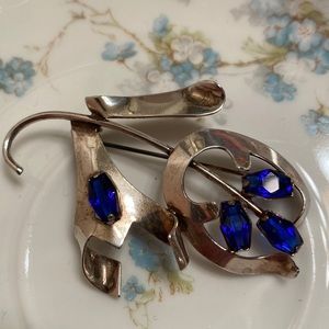 Vintage Sterling flower brooch w/open back prong set 4 blue rhinestones -2 1/2”